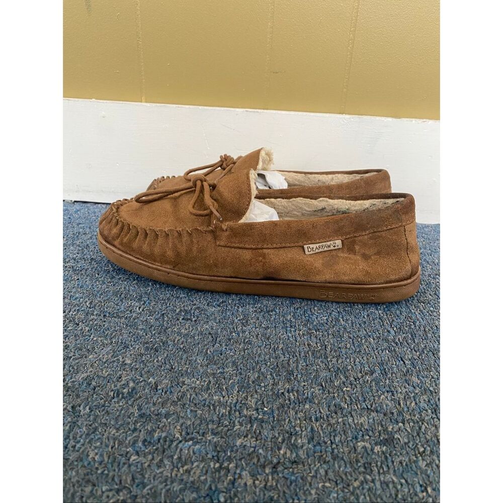 Bearpaw men 13 slip on suede moccasins w/tie laces tan